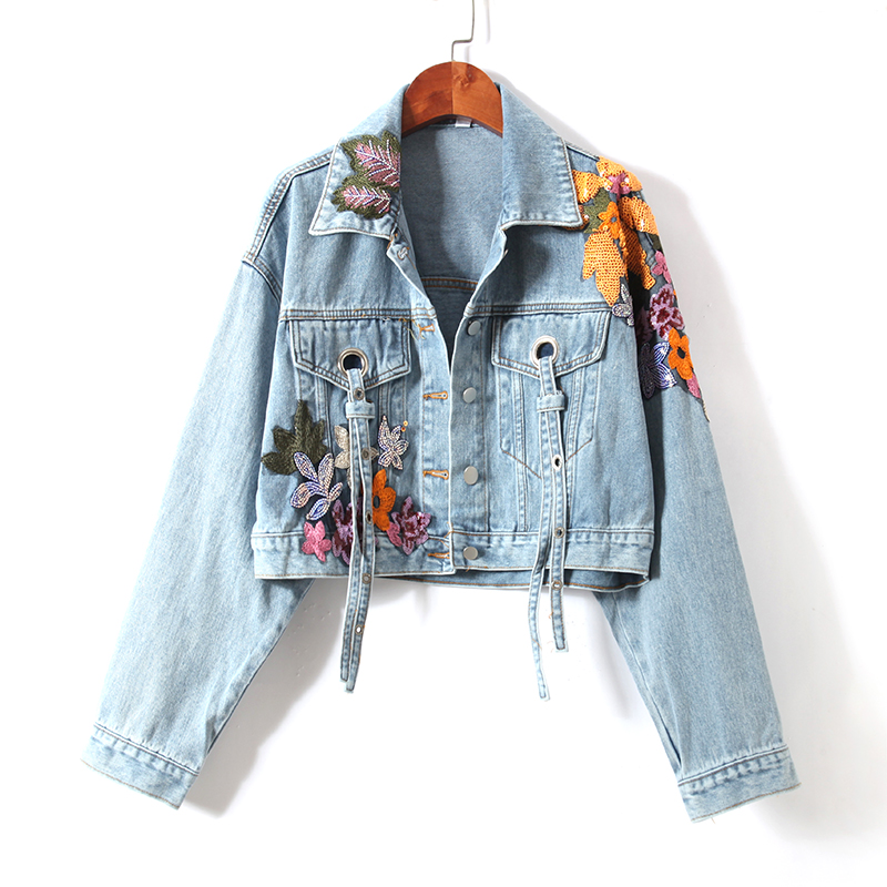 Embroidery Jeans Sakura - Women Flowers Embroidered Sequined Denim Jacket
