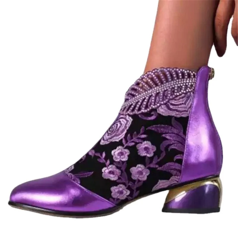 Embroidery On Leather - New Ankle Boots Women's Shoes Leather