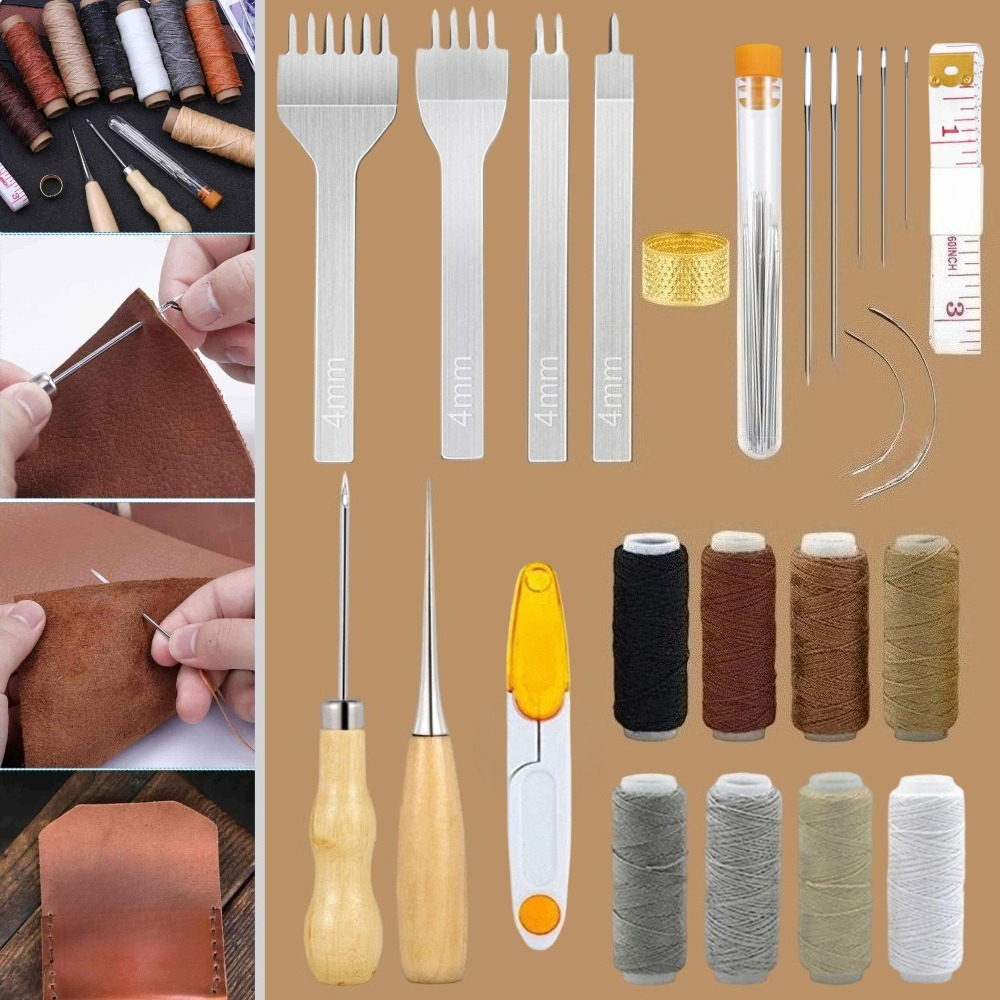 Punch Needle Handle - 34 Pcs Leather Pouch Kit,Hole Punch,