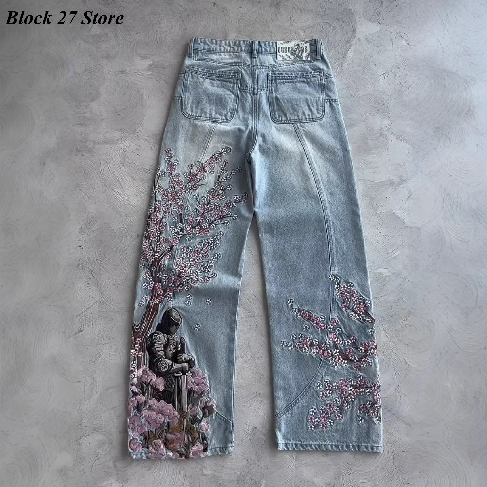 Embroidery Jeans Sakura - Mens Jeans Y2K Vintage Streetwear Light