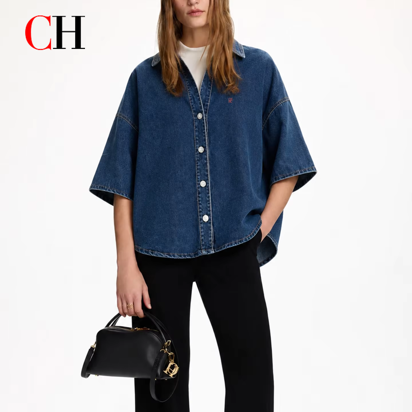 Embroidery Shirt - CH Letter Embroidered Solid Color Denim