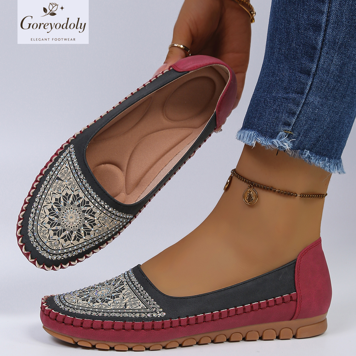 Embroidery On Leather - goreyodoly Women Slip On Loafers Wide