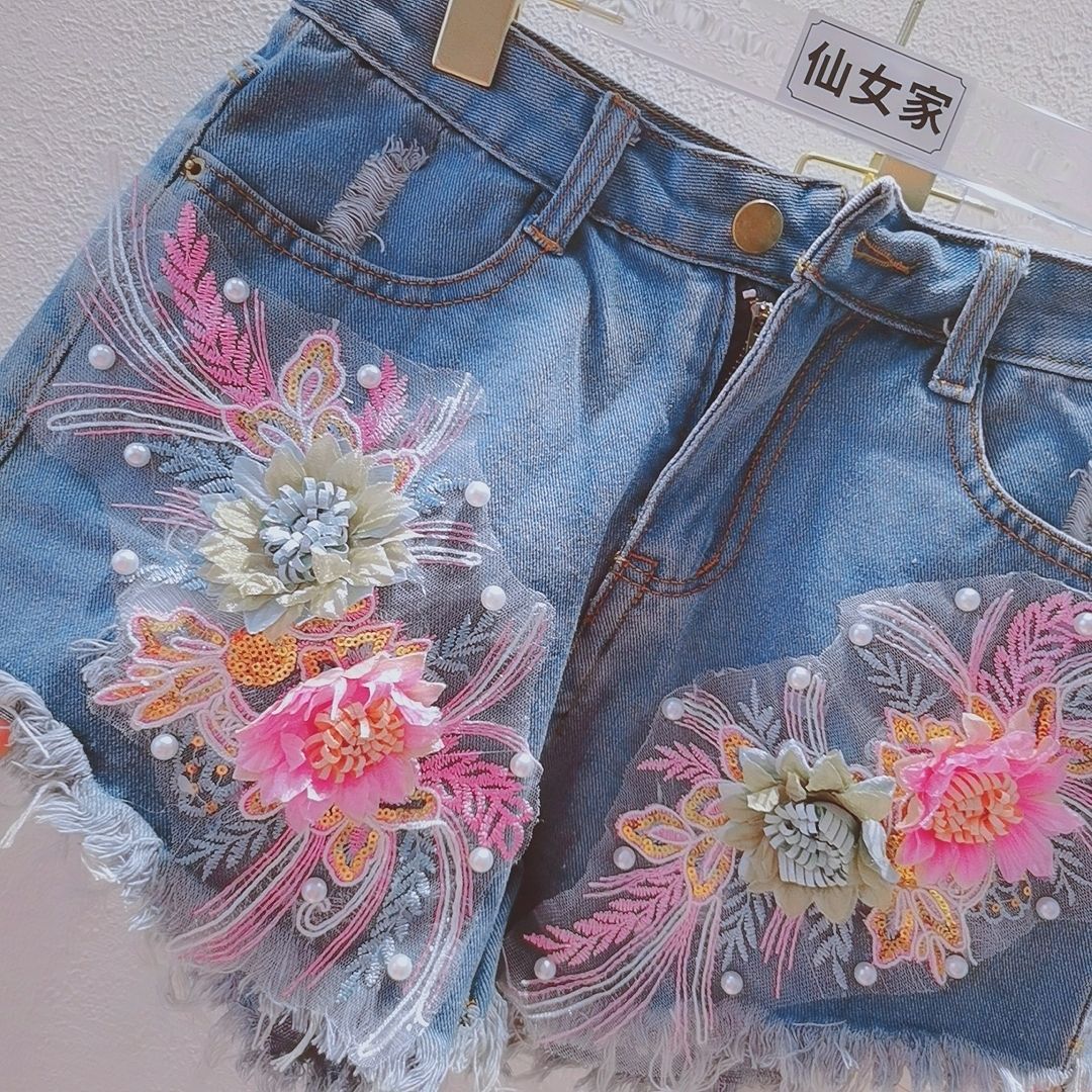 Korean Fashion Women Summer De - Embroidery Jeans Sakura recension och pris
