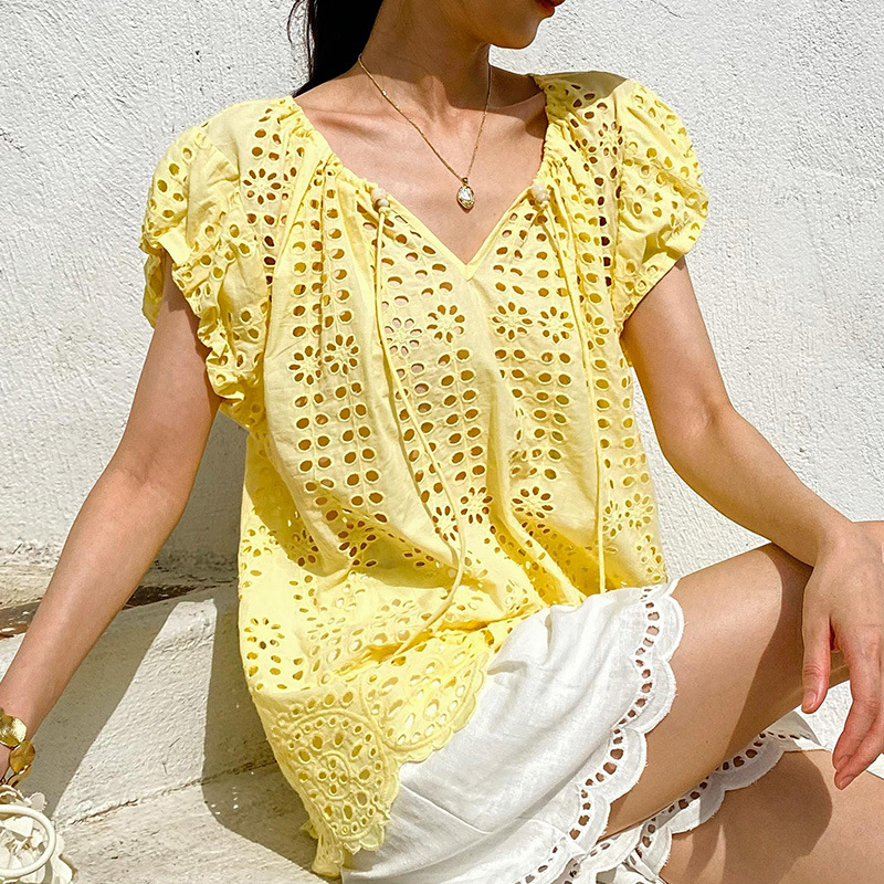 French Style Elegant Chic Blou - Embroidery Yellow recension och pris