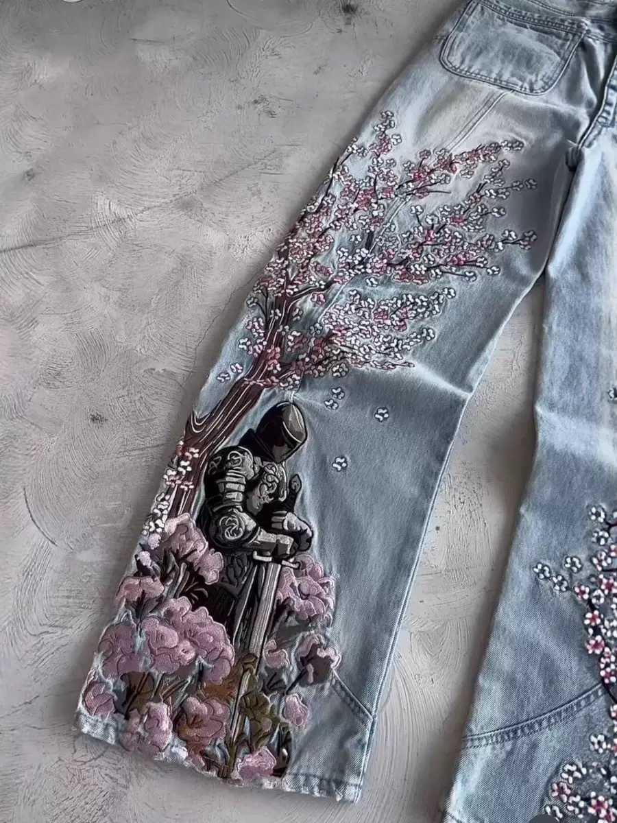 Mens Jeans Y2K Vintage Streetw - Embroidery Jeans Sakura recension och pris