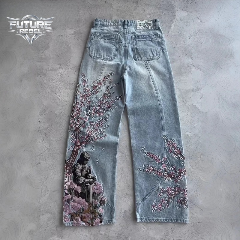Mens Jeans Vintage Y2K Streetw - Embroidery Jeans Sakura recension och pris